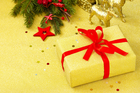 Handmade christmas gift box. Christmas presents golden box with 