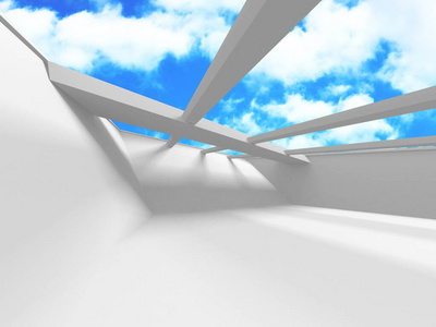 多云天空背景下的未来白色建筑设计