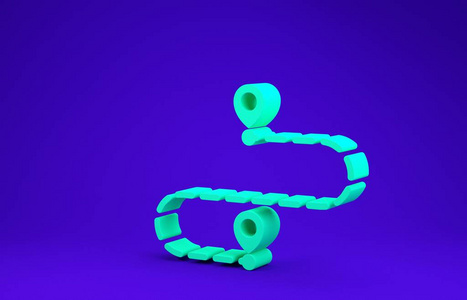 蓝色背景上隔离的绿色路线位置图标。地图指针符号。路径或道路的概念。GPS导航器。极简主义概念。三维插图三维渲染
