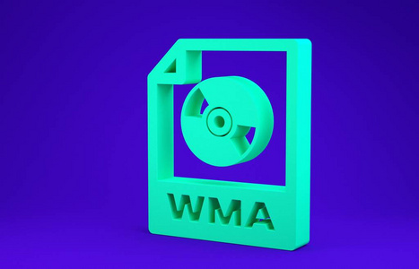 绿色WMA文件文件。下载wma按钮图标隔离在蓝色背景上。WMA文件符号。Wma音乐格式标志。极简主义概念。三维插图三维渲染