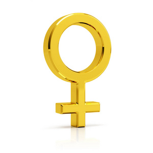 Female symbol 3d render. Golden female symbol isolated on white 