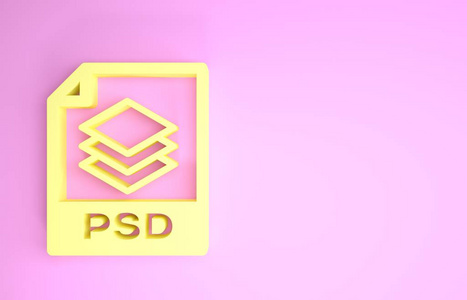 黄色PSD文件文件。下载psd按钮图标隔离在粉红色背景上。PSD文件符号。极简主义概念。三维插图三维渲染