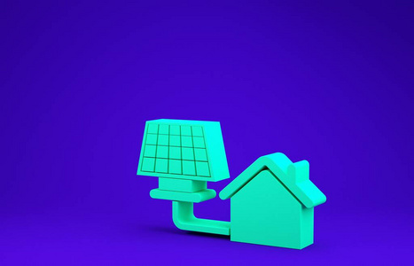 绿色的房子与太阳能电池板图标隔离在蓝色背景上。生态学，太阳能可再生能源。生态友好型住宅。环境保护。极简主义概念。三维插图三维渲染