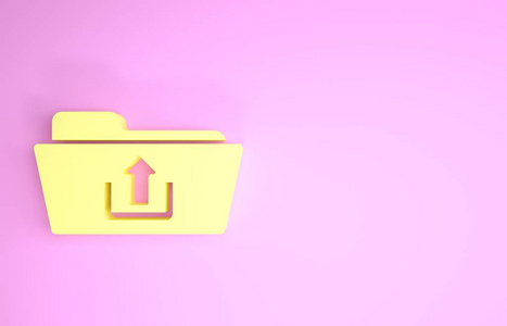 黄色文件夹上传图标隔离在粉红色背景上。极简主义概念。三维插图三维渲染