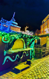 圣诞摊位装饰着发光的鹿的形象在旧里加反射