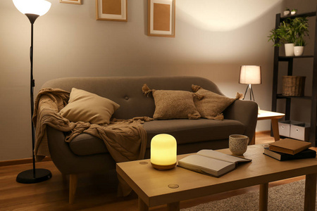 夜间客厅的时尚内饰照片