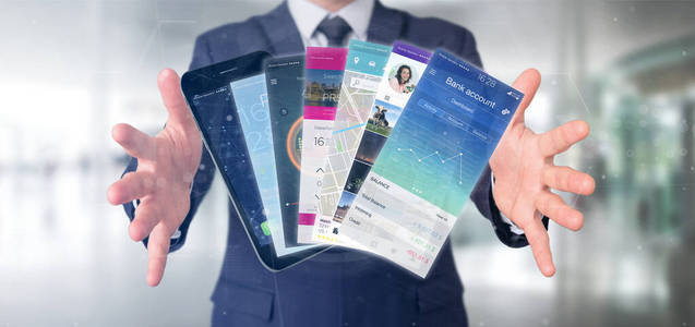 Businessman holding Mobile application template on a smartphone 