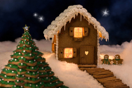 雪景中的圣诞姜饼屋图片