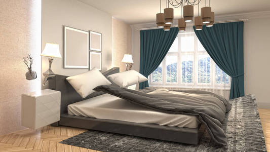 卧室里的无重力床.三维插图照片