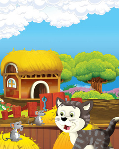 卡通场景与猫在农场玩耍儿童插图