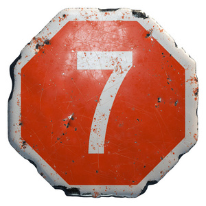 红白相间的公共道路标志,中间用白色背景隔离的大写字母7.三维照片