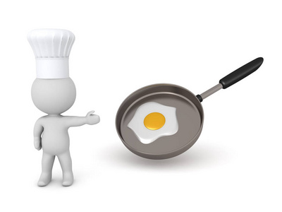 3D厨师在煎锅里展示鸡蛋