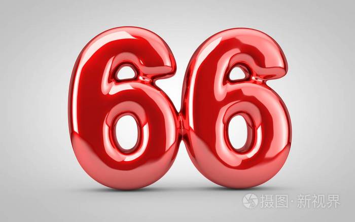白色背景上隔离的66号红色发光气球