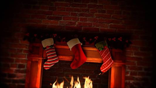 特写壁炉和圣诞袜礼物砖图片