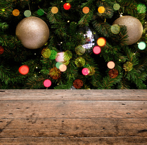 Empty old wooden table in front of Christmas or happy new year 