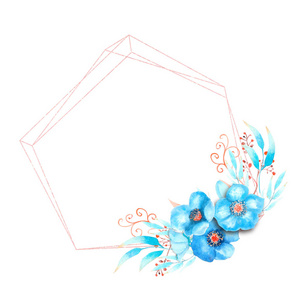 几何框架与蓝色的hellebore花，芽，叶，装饰性细枝在白色孤立的背景。花束在框架底部。水彩插图。