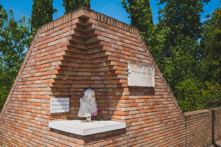 Sign of Torcello with statue at entrance of island of Torcello, 