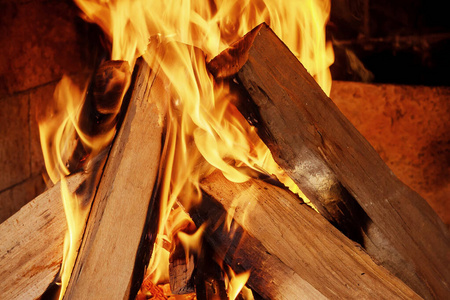 近距离在壁炉里烧柴.照片