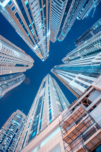 Dubai Marina night skyline. Buildings skyward view, United Arab 