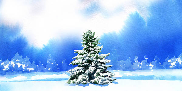 松树插画雪地上的松树配雪松冷杉树,手绘水彩插画,圣诞卡照片