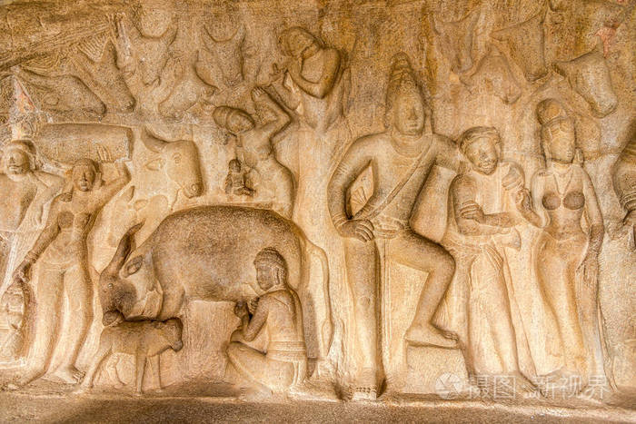 在装饰岩石浮雕克里希纳曼达帕姆在马马拉普拉姆泰米尔纳德邦，印度