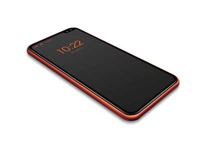 全屏幕黑色和橙色智能手机模型隔离白色。