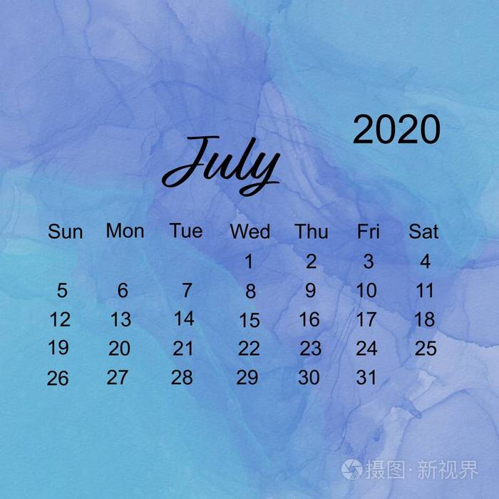 7月2020年简单日历布局本周从周日开始背景为蓝色水