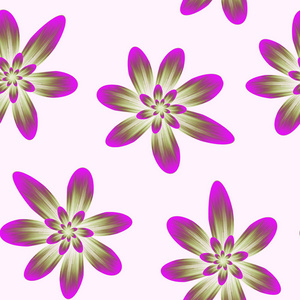 Seamless repeat pattern with flowers in pink and magenta, olive 