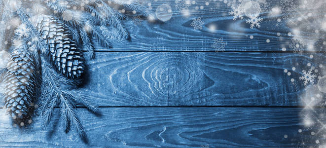 fir branches and cone on dark old wooden background 