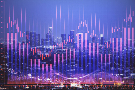 金融图形夜市景观与高楼背景双重曝光。分析概念。