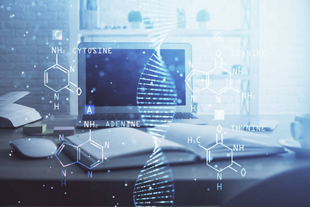 桌面电脑背景和DNA绘图。双重曝光。科学概念。