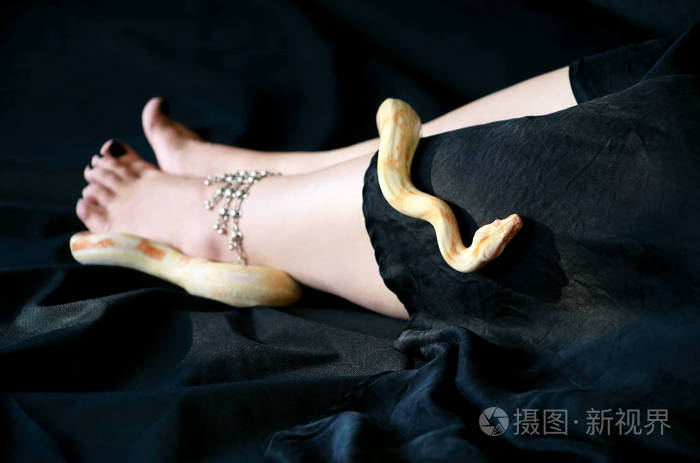 大蟒蛇白化病滑倒在女性的脚和腿与美容首饰,手镯.