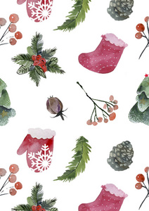 圣诞无缝图案手绘红色浆果和冷杉枝花环。用于圣诞卡和冬季设计的圆形框架。