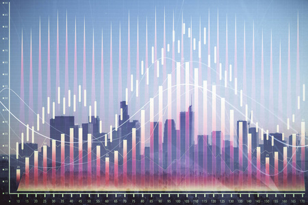 外汇图表城市景观与摩天大楼壁纸双重曝光。金融研究概念。