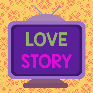 显示爱情故事的文字标牌。概念照片它是一种类似小说或电影的关于爱情的方形长方形古色古香的彩绘电视画面木头设计。