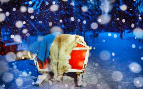 驯鹿雪橇在夜间狩猎农场在罗瓦涅米降雪