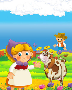 农场农场上快乐的农夫和女人的卡通场景为孩子们插画