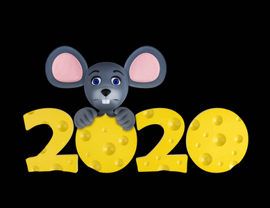 2020新年快乐贺卡与可爱的老鼠和奶酪隔离黑色。动物野生动物假日卡通人物。3d渲染。
