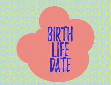 文字书写文字出生生活日期。商业概念为婴儿即将出生的一天孕妇怀孕给生活无缝黄色方块方块蓝色背景透视深度深度。
