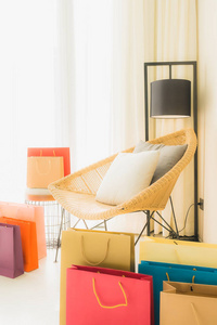 Empty chair decoration interior of living room with shopping bag