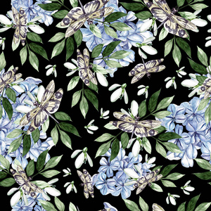 Beautiful watercolor seamless pattern with snowdrop and  plumbag