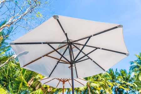 Beautiful landscape of sea ocean on sky with umbrella and chair 