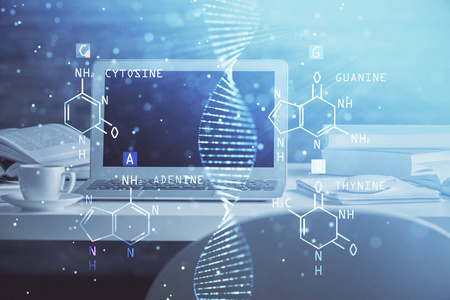 桌面电脑背景和DNA绘图。双重曝光。科学概念。