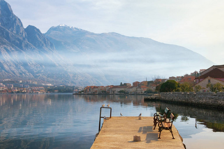 Misty Mediterranean landscape. Montenegro, view of Bay of Kotor 