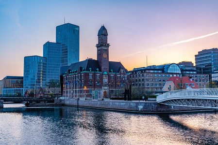 Sunset view of skyline of Malmo dominated by the world maritime 