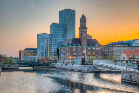 Sunset view of skyline of Malmo dominated by the world maritime 