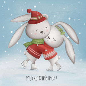 可爱的兔子在冬季滑冰用心的情人节兔子两只可爱的卡通兔子.