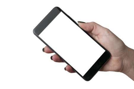 Woman with black nails hold a blank screen smartphone, isolated 