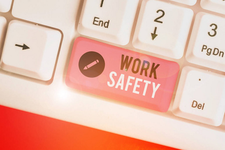 说明安全生产的概念性手写体。商业照片文本政策和程序到位，以确保工作场所的安全。