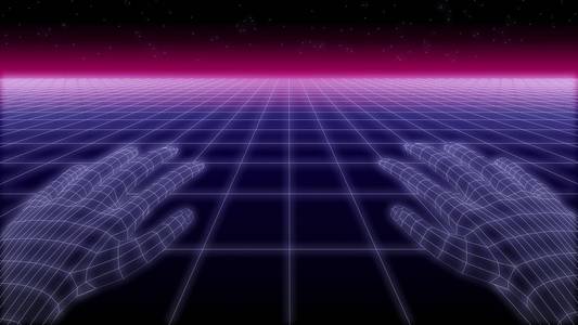 synthwave net和hands复古背景3d渲染